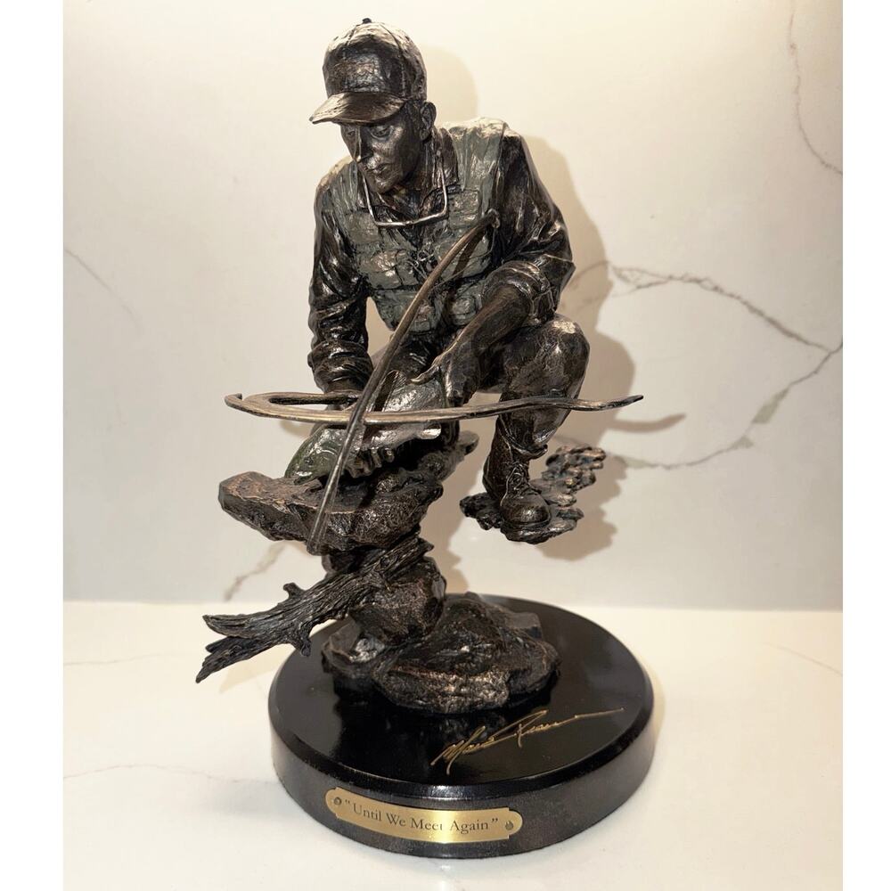 Fisherman Sculpture "Until We Meet Again" Signed Marc Pierce Resin Stone Statue